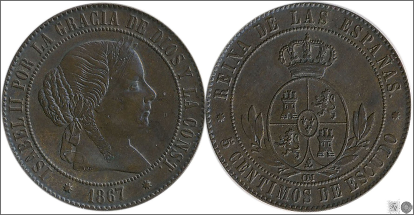 España - 1867 - Isabel II - Nº 00222 - Excelente conservacion menos - EBC- / XF- - 5 Centimos 1867 OM Barcelona Cu