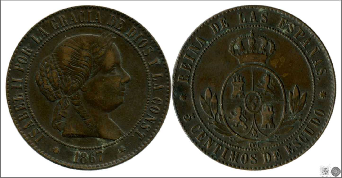 España - 1867 - Isabel II - Nº 00222 - MBC / VF - 5 Centimos 1867 Barcelona OM Cu