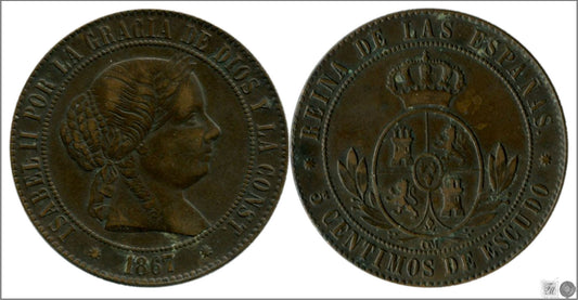 España - 1867 - Isabel II - Nº 00222 - MBC / VF - 5 Centimos 1867 Barcelona OM Cu