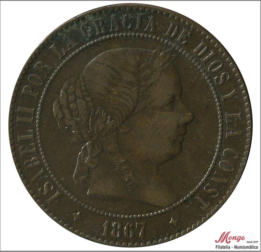 España - 1867 - Isabel II - Nº 00225 - MBC+ / VF+ - 5 Centimos 1867 Jubia OM Cu