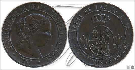 España - 1867 - Isabel II - Nº 00231 - Cara y Cruz - MBC+ / MBC- - 5 centimos 1867 OM Sevilla Cu