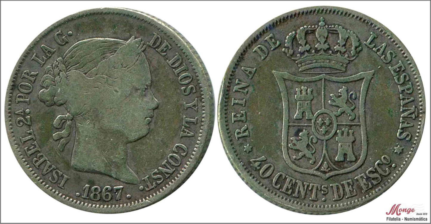 España - 1867 - Isabel II - Nº 00427F - MBC - / VF- - 40 centimos 1867 Madrid Ag