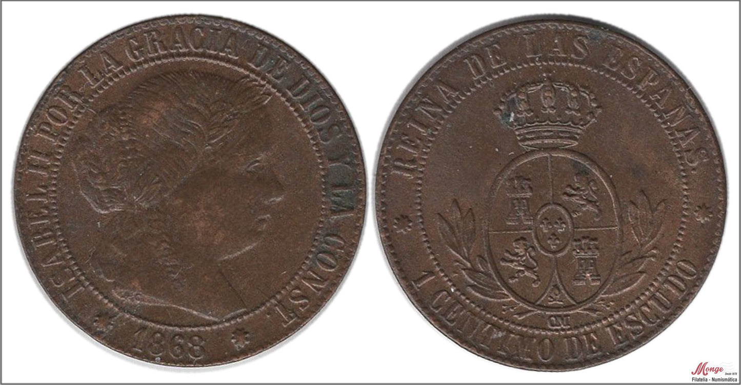 España - 1868 - Isabel II - Nº 00072 - EBC / XF - 1 Centimo 1868 Barcelona OM Cu