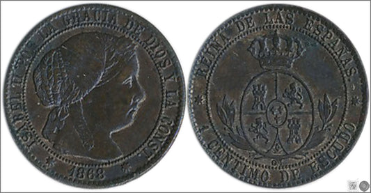 España - 1868 - Isabel II - Nº 00084 - Excelente conservacion menos - EBC- / XF- - 1 Centimo 1868 Sevilla OM Cu