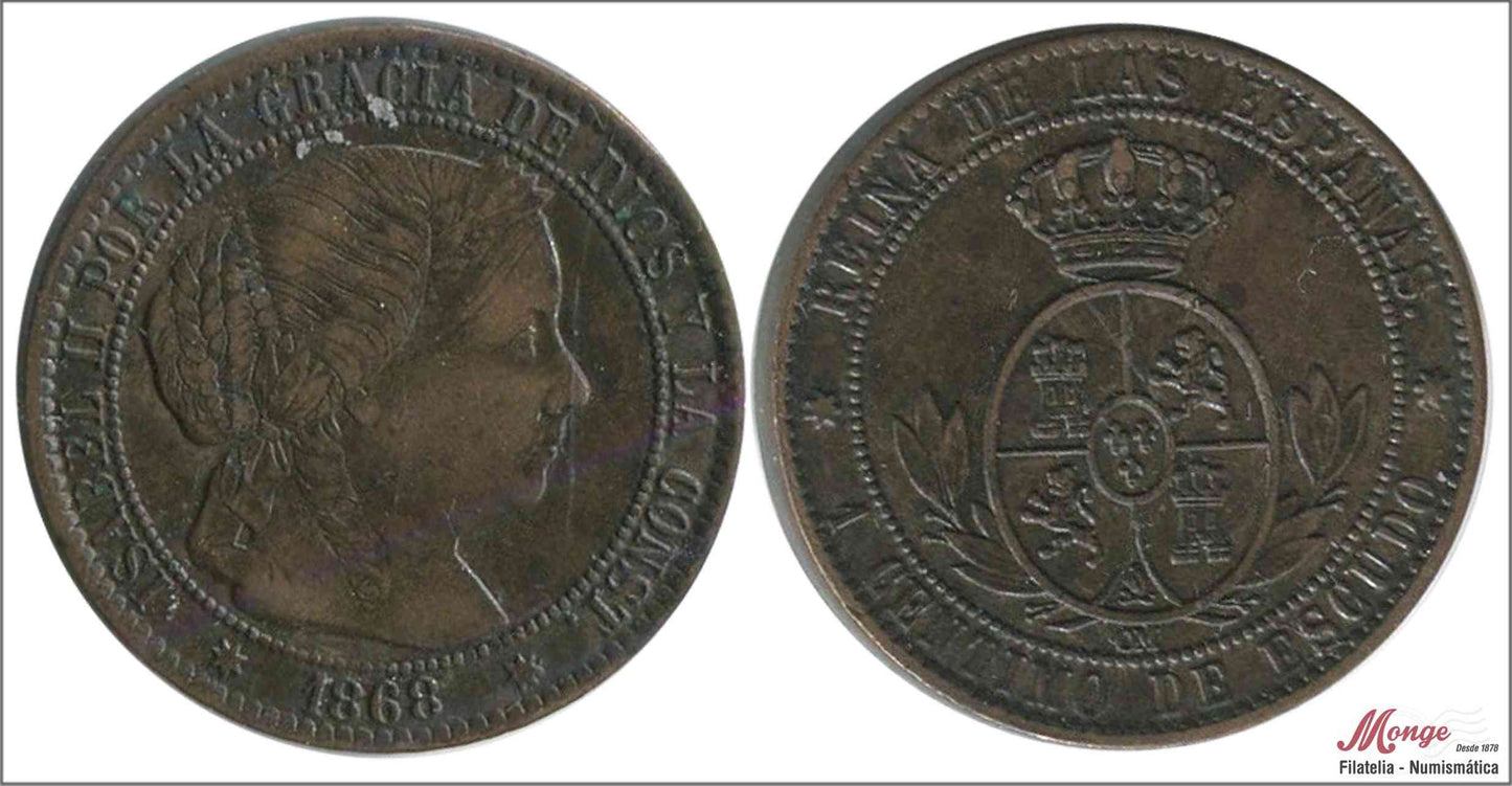 España - 1868 - Isabel II - Nº 00084 - MBC+ / VF+ - 1 Centimo 1868 OM Sevilla Cu