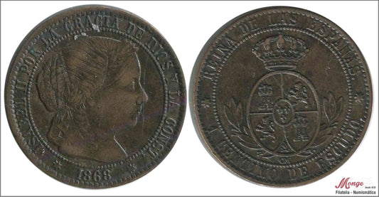 España - 1868 - Isabel II - Nº 00084 - MBC+ / VF+ - 1 Centimo 1868 OM Sevilla Cu