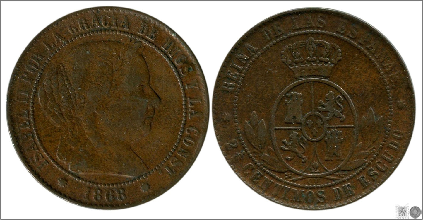 España - 1868 - Isabel II - Nº 00132 - Muy Buena conservación mas - MBC+ / VF+ - 2 1/2 Centimos 1868 Barcelona OM Cu