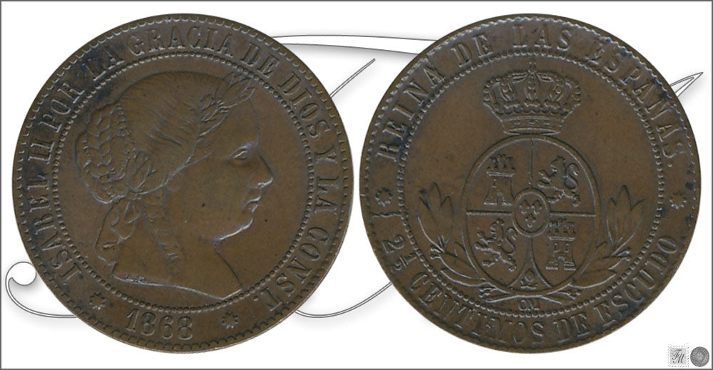 España - 1868 - Isabel II - Nº 00132 - Muy Buena conservación - MBC / VF - 2 1/2 Centimos 1868 Barcelona OM Cu