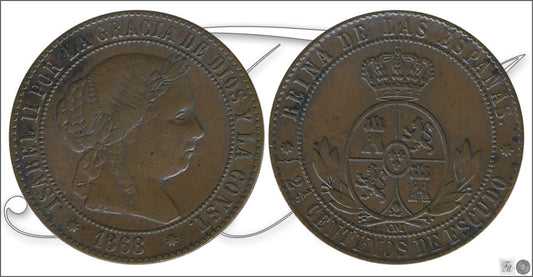 España - 1868 - Isabel II - Nº 00132 - Muy Buena conservación - MBC / VF - 2 1/2 Centimos 1868 Barcelona OM Cu