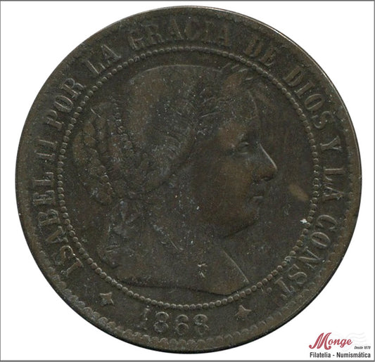 España - 1868 - Isabel II - Nº 00136 - BC+ / F+ - 2 1/2 Centimos 1868 Jubia OM Cu