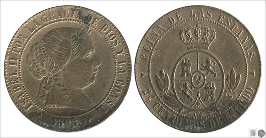 España - 1868 - Isabel II - Nº 00136 - Excelente conservacion menos - EBC- / XF- - 2 1/2 Centimos 1868 Jubia OM Cu / Oxidaciiión