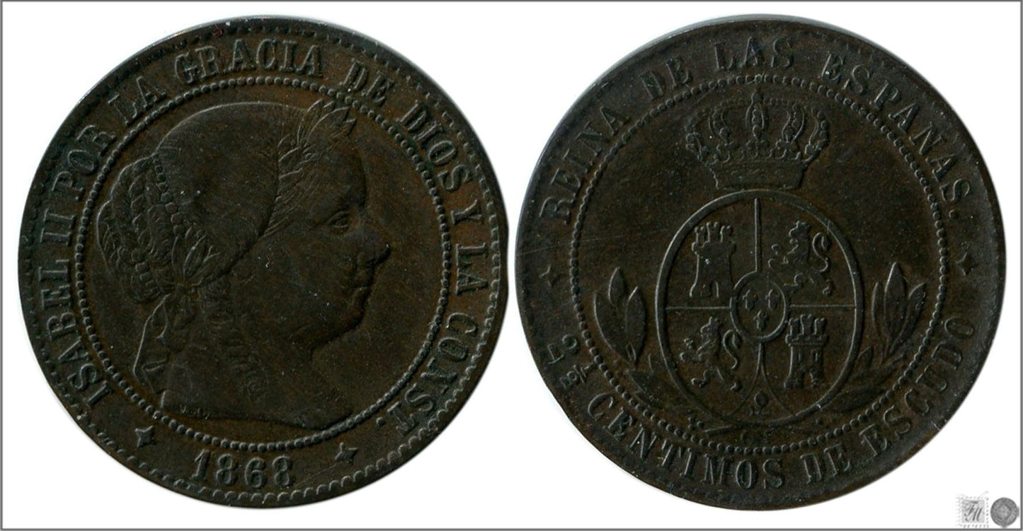 España - 1868 - Isabel II - Nº 00136 - Excelente conservacion menos - EBC- / XF- - 2 1/2 Centimos 1868 Jubia OM Cu