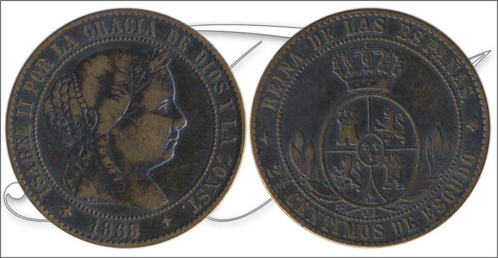 España - 1868 - Isabel II - Nº 00136 - Muy Buena conservación menos - MBC - / VF- - 2 1/2 Centimos 1868 Jubia OM Cu