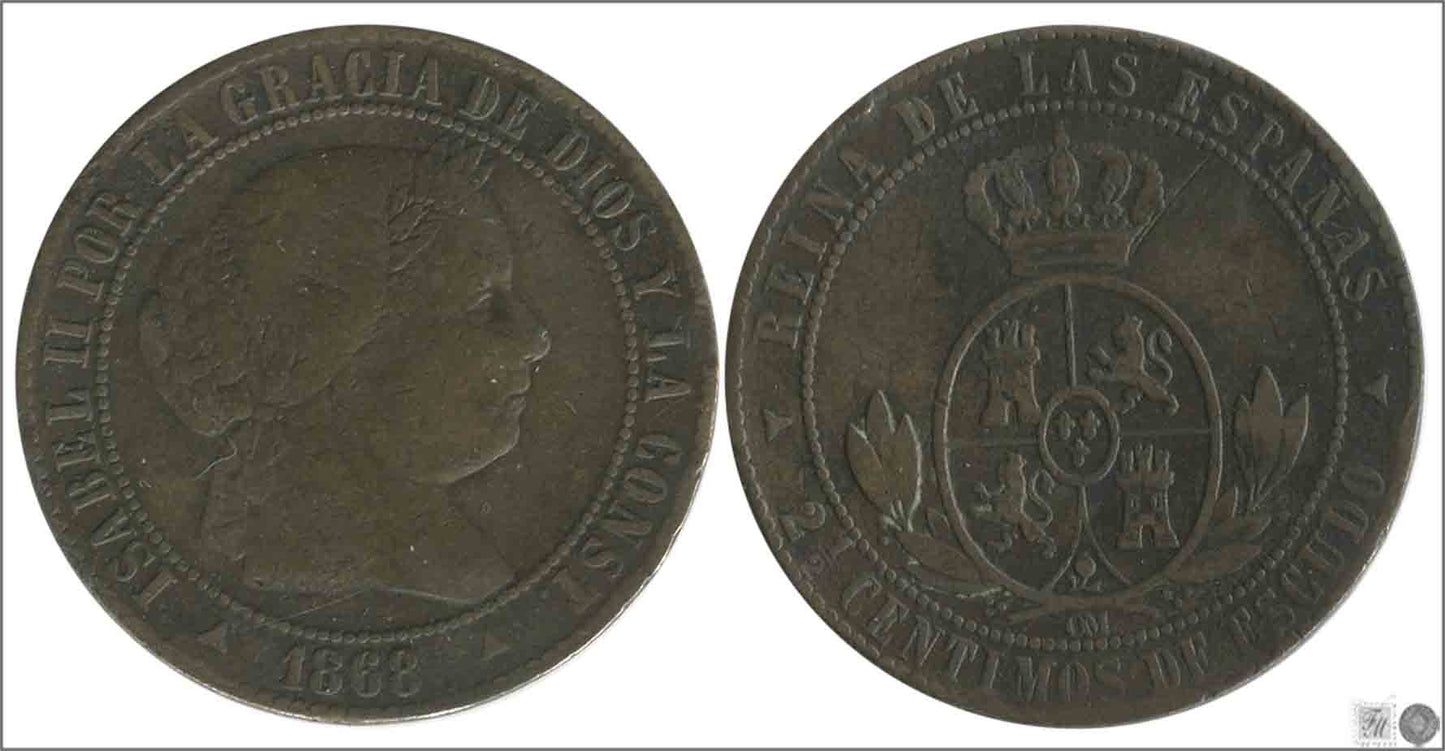 España - 1868 - Isabel II - Nº 00139 - Buena conservación - BC- / F- - 2 1/2 Centimos. 1868 Segovia OM Cu