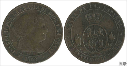 España - 1868 - Isabel II - Nº 00139 - Buena conservación - BC- / F- - 2 1/2 Centimos. 1868 Segovia OM Cu