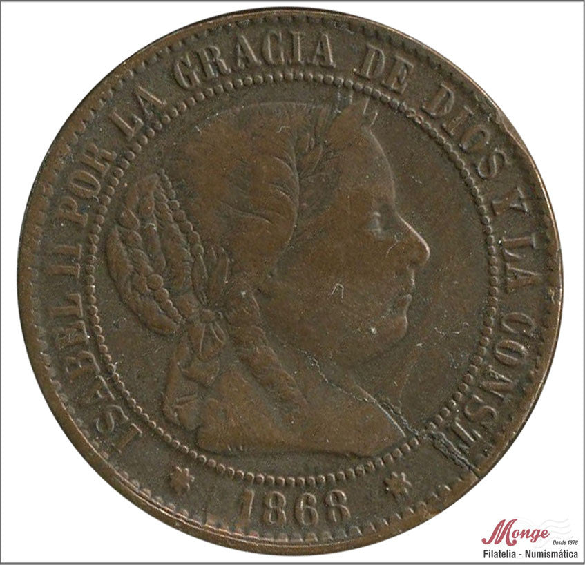 España - 1868 - Isabel II - Nº 00141 - BC+ / F+ - 2 1/2 Centimos 1868 Sevilla OM Cu