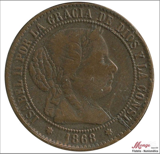 España - 1868 - Isabel II - Nº 00141 - BC+ / F+ - 2 1/2 Centimos 1868 Sevilla OM Cu