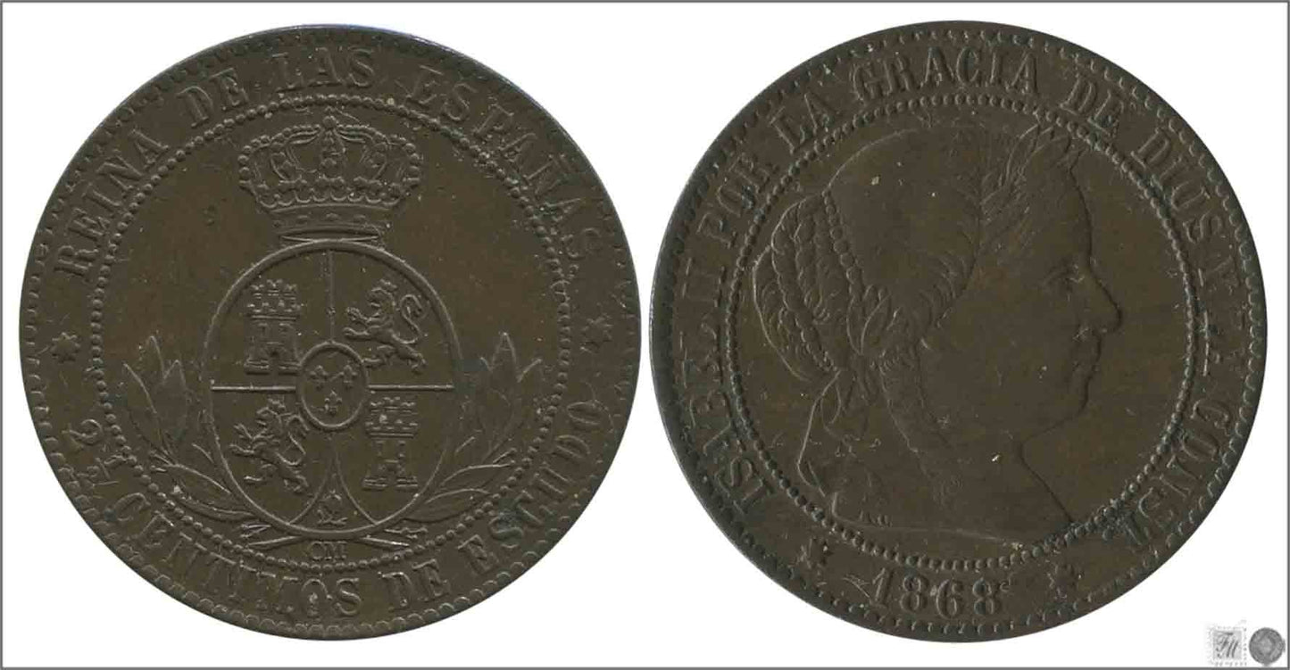 España - 1868 - Isabel II - Nº 00141 - EBC- / XF- - 2 1/2 Centimos 1868 OM Sevilla Cu