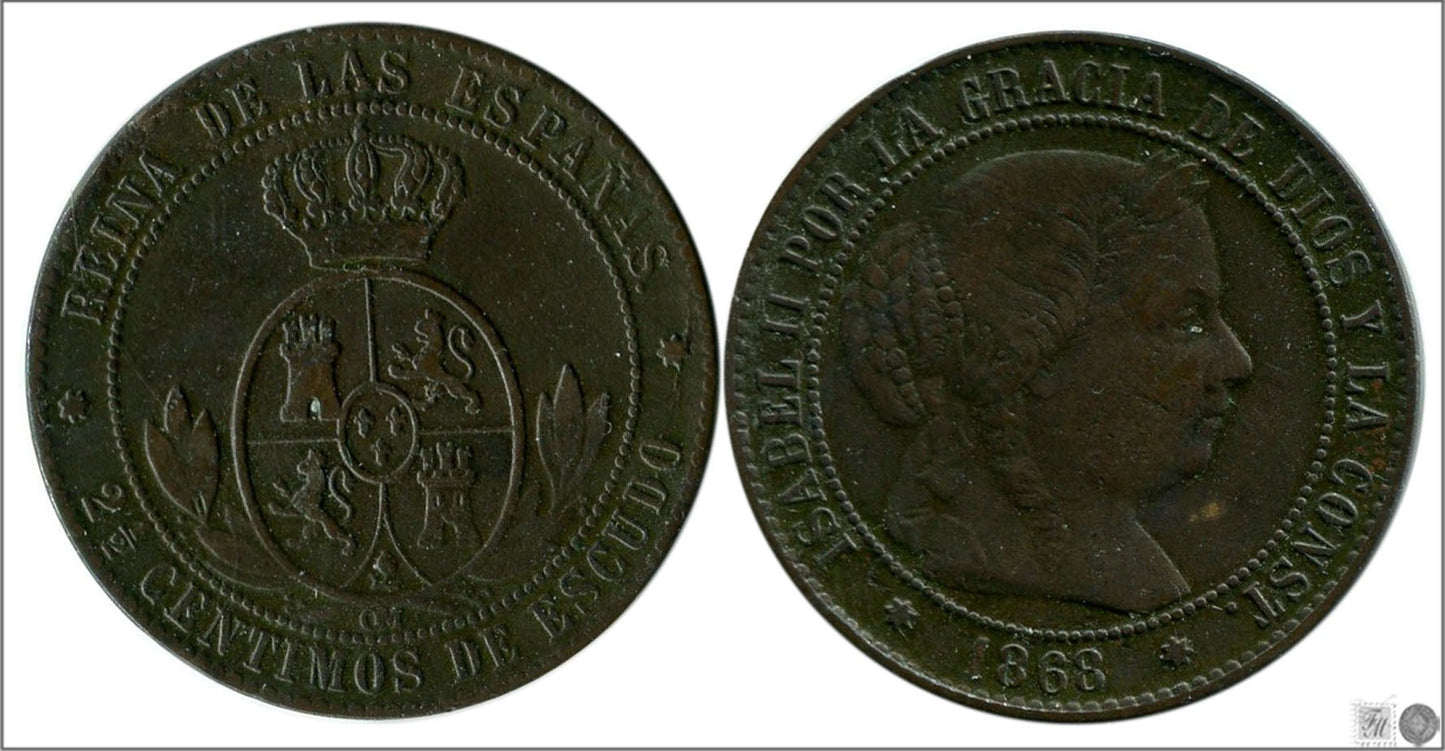 España - 1868 - Isabel II - Nº 00141 - Muy Buena conservación mas - MBC+ / VF+ - 2 1/2 Centimos 1868 OM Sevilla Cu