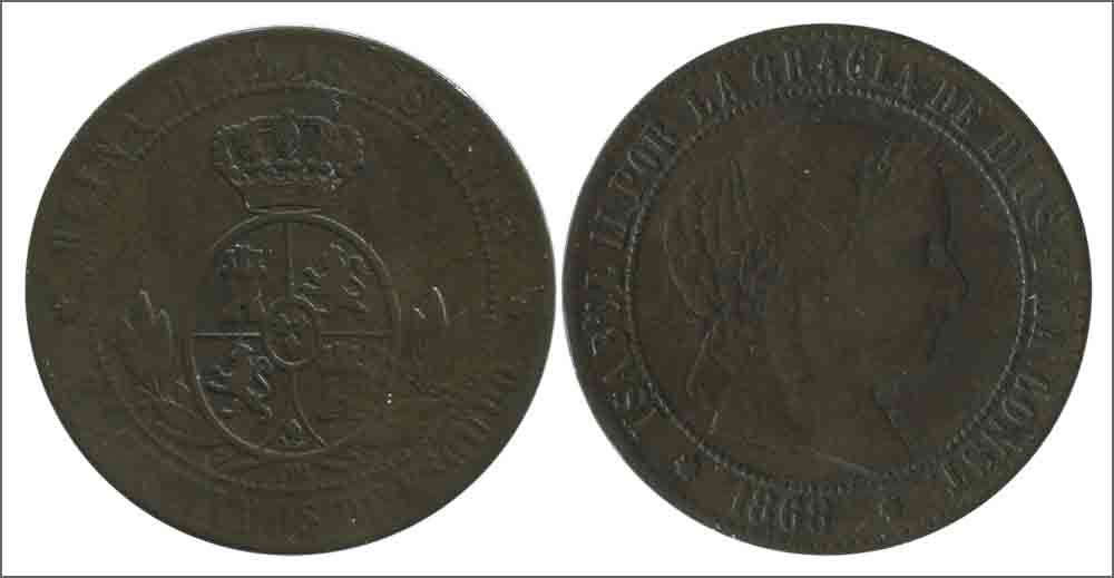 España - 1868 - Isabel II - Nº 00141 - Muy Buena conservación menos - MBC - / VF- - 2 1/2 Centimos 1868 OM Sevilla Cu