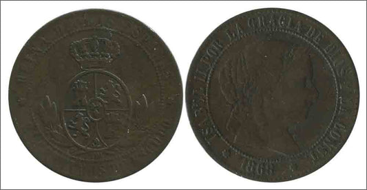 España - 1868 - Isabel II - Nº 00141 - Muy Buena conservación menos - MBC - / VF- - 2 1/2 Centimos 1868 OM Sevilla Cu