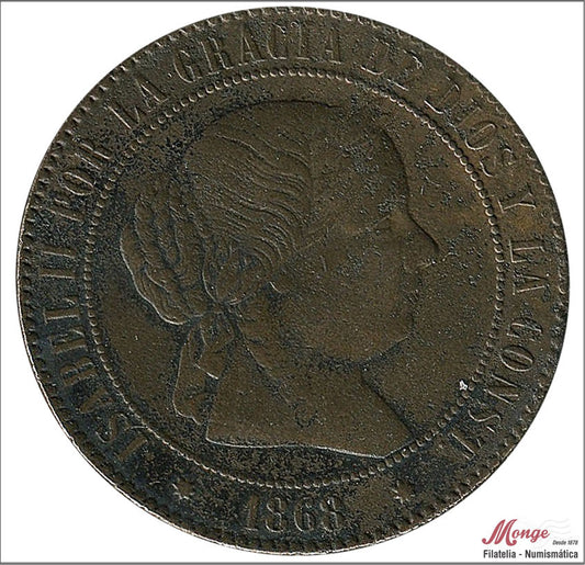 España - 1868 - Isabel II - Nº 00223 - BC- / F- - 5 Centimos 1868 OM Barcelona Cu