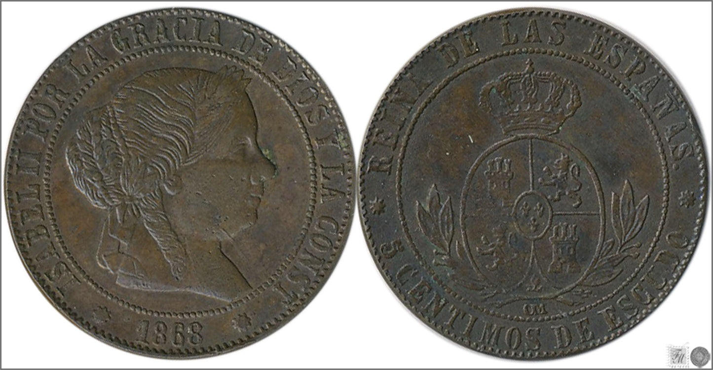 España - 1868 - Isabel II - Nº 00223 - Cara y Cruz - MBC+ / MBC- - 5 Centimos 1868 OM Barcelona Cu