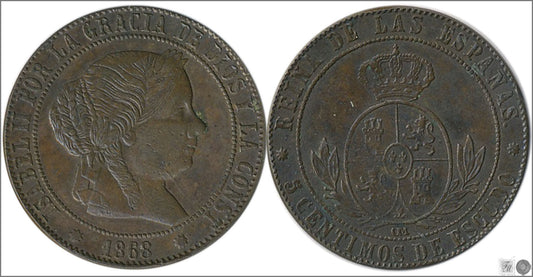 España - 1868 - Isabel II - Nº 00223 - Cara y Cruz - MBC+ / MBC- - 5 Centimos 1868 OM Barcelona Cu