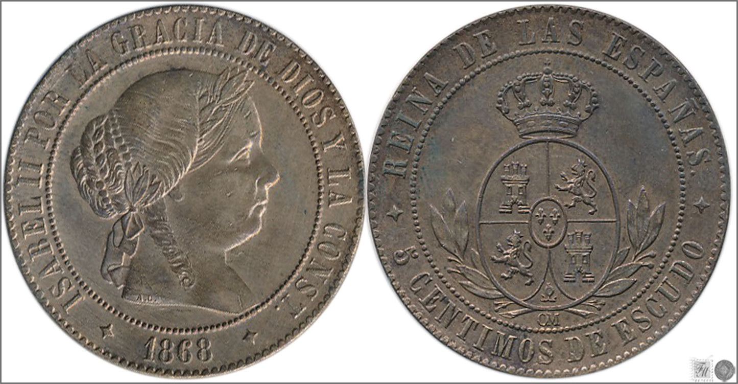 España - 1868 - Isabel II - Nº 00223 - EBC+ / XF+ - 5 Centimos 1868 OM Barcelona Cu