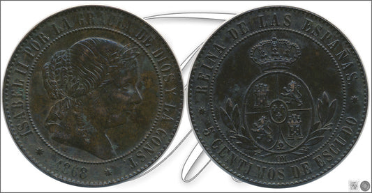 España - 1868 - Isabel II - Nº 00223 - MBC / VF - 5 Centimos 1868 Barcelona OM Cu