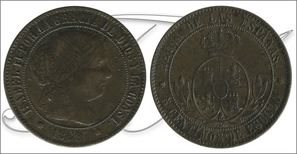 España - 1868 - Isabel II - Nº 00223 - MBC+ / VF+ - 5 Centimos 1868 OM Barcelona Cu