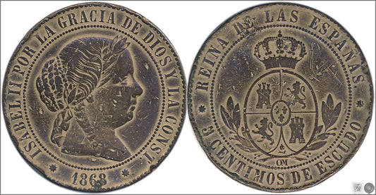 España - 1868 - Isabel II - Nº 00223 - RC/ BC - 5 Centimos 1868 OM Barcelona Cu