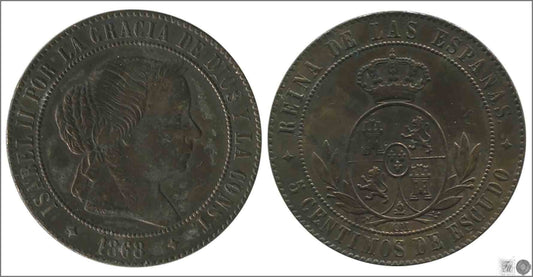 España - 1868 - Isabel II - Nº 00226 - Muy Buena conservación - MBC / VF - 5 Centimos 1868 Jubia OM Cu