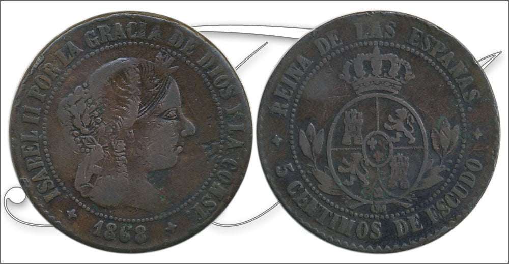 España - 1868 - Isabel II - Nº 00226f - Muy Buena conservación menos - MBC - / VF- - 5 Centimos 1868 Jubia OM Cu / Interesante F