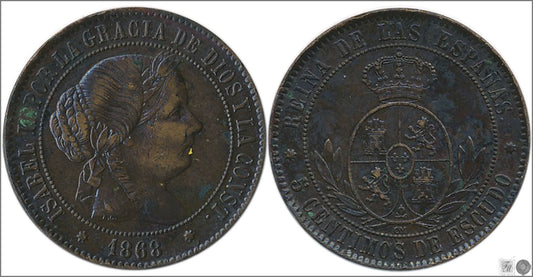 España - 1868 - Isabel II - Nº 00232 - Excelente conservacion - EBC / XF - 5 Centimos 1868 OM Sevilla Cu