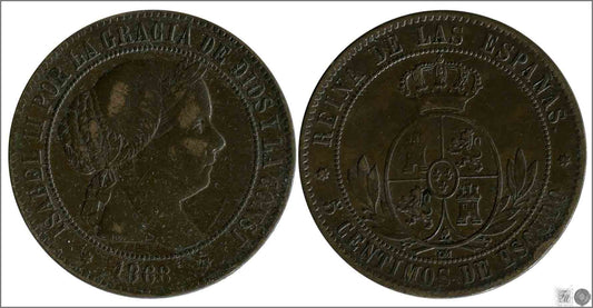 España - 1868 - Isabel II - Nº 00232 - Muy Buena conservación menos - MBC - / VF- - 5 Centimos 1868 OM Sevilla Cu