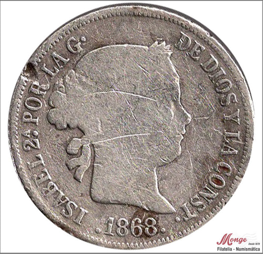 España - 1868 - Isabel II - Nº 00348 - RC / VG - 10 Centavos 1868 Manila Ag