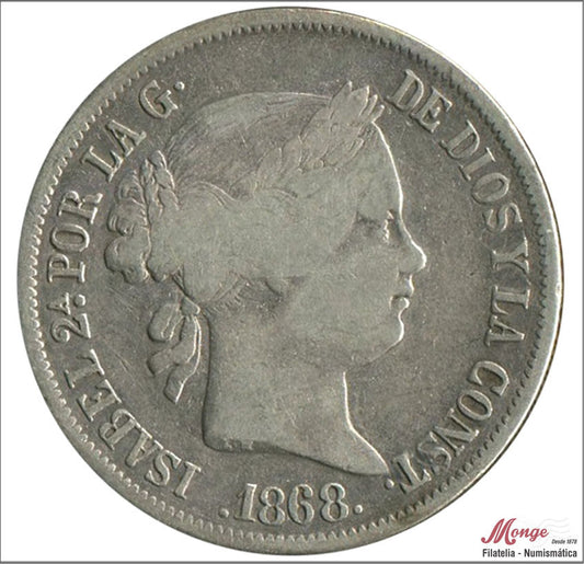 España - 1868 - Isabel II - Nº 00435 - MBC- / MBC - 20 centavos 1868 OM Manila Ag