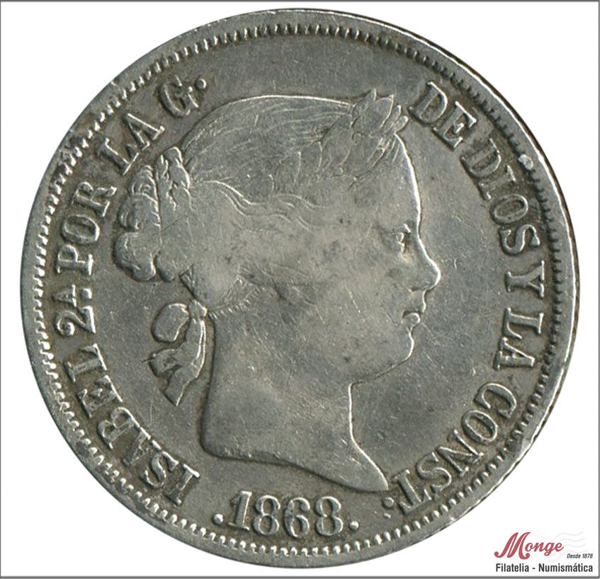 España - 1868 - Isabel II - Nº 00435 - MBC - / VF- - 20 centavos 1868 OM Manila Ag