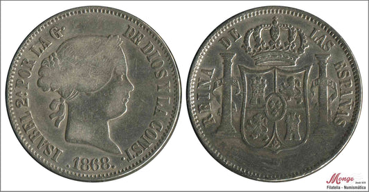 España - 1868 - Isabel II - Nº 00487 - MBC - / VF- - 50 centavos de peso 1868 Manila / 12,85 gr. plata - valor borrado