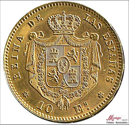 España - 1868 - Isabel II - Nº 00668 - EBC+ / XF+ - 10 Escudos 1868 (*68) Madrid / 8,40 gr. oro