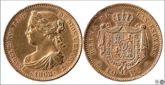 España - 1868 - Isabel II - Nº 00669 - MBC+ / VF+ - 10 Escudos 1868 (*18*73) Madrid / 8,40 gr. oro