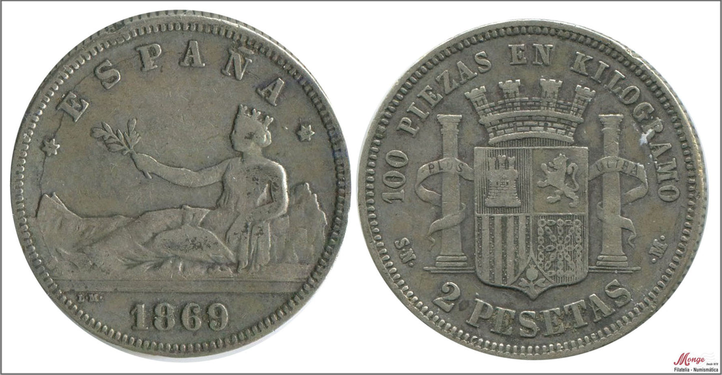 España - 1869 - Gobierno Provisional - Nº 00086 - MBC / VF - 2 pesetas 1869 (*69) SNM Ag