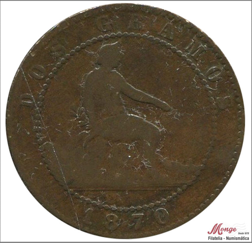 España - 1870 - Gobierno Provisional - Nº 00008 - BC- / F- - 2 centimo 1870 OM Cu