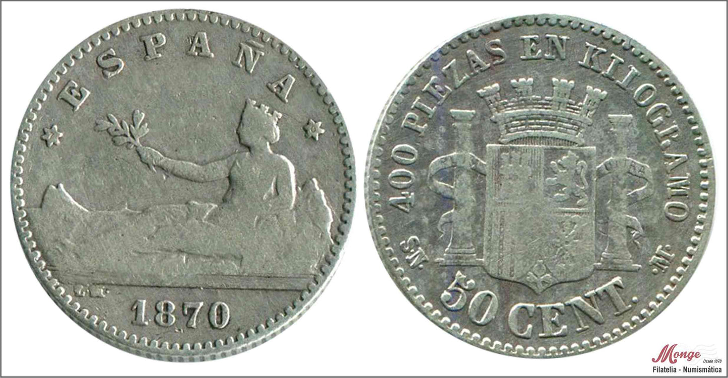 España - 1870 - Gobierno Provisional - Nº 00035 - BC / BC- - 50 centimos 1870 (*70) SNM