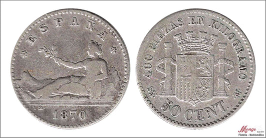 España - 1870 - Gobierno Provisional - Nº 00035 - MBC - / VF- - 50 centimos 1870 (*70) SNM Ag