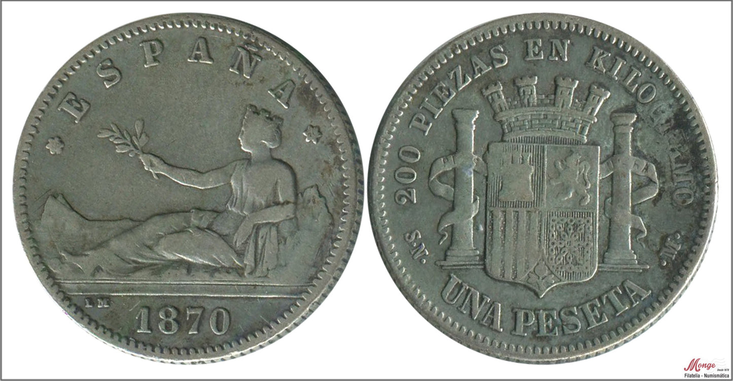 España - 1870 - Gobierno Provisional - Nº 00058 - BC+ / BC - 1 peseta 1870 (*70) SNM Ag