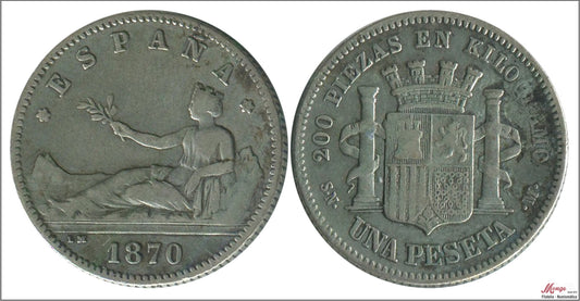 España - 1870 - Gobierno Provisional - Nº 00058 - BC+ / BC - 1 peseta 1870 (*70) SNM Ag