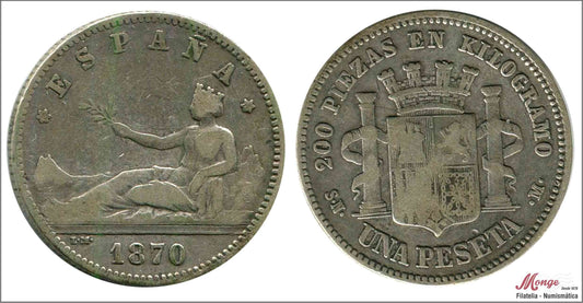 España - 1870 - Gobierno Provisional - Nº 00058 - MBC- / BC - 1 peseta 1870 (*18*70) SNM Ag