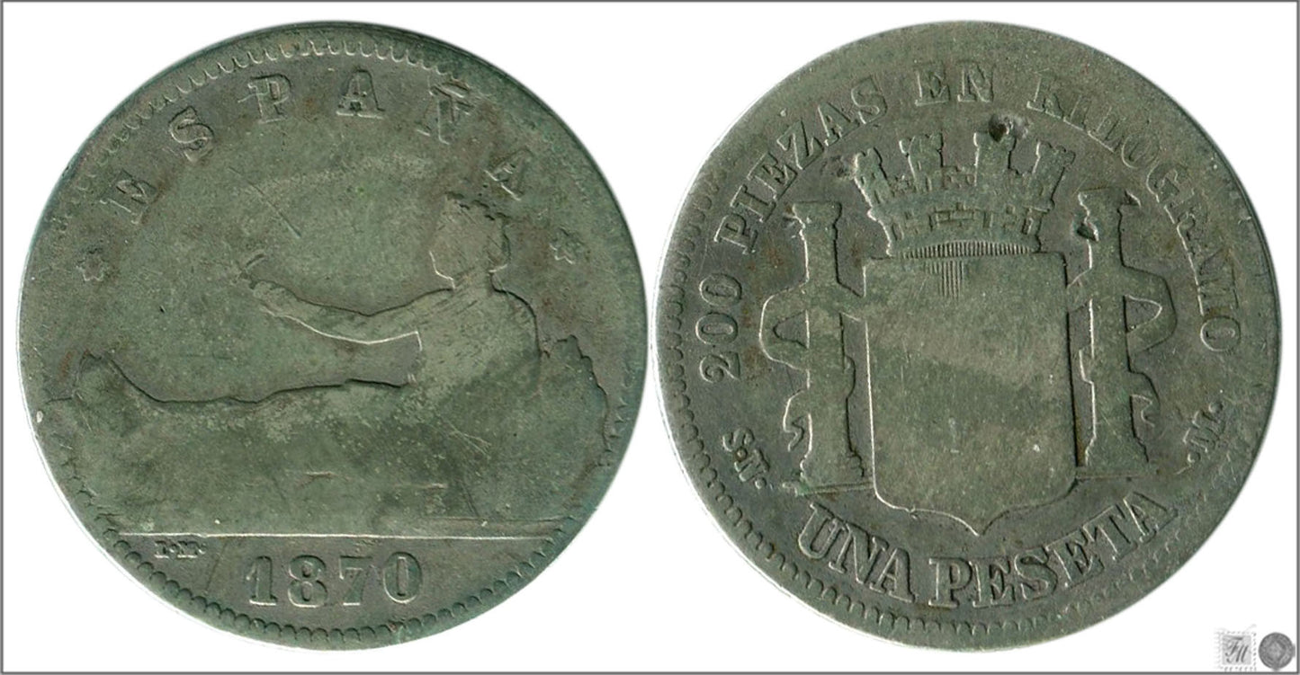 España - 1870 - Gobierno Provisional - Nº 00058 - MC / G - 1 peseta 1870 SNM Ag